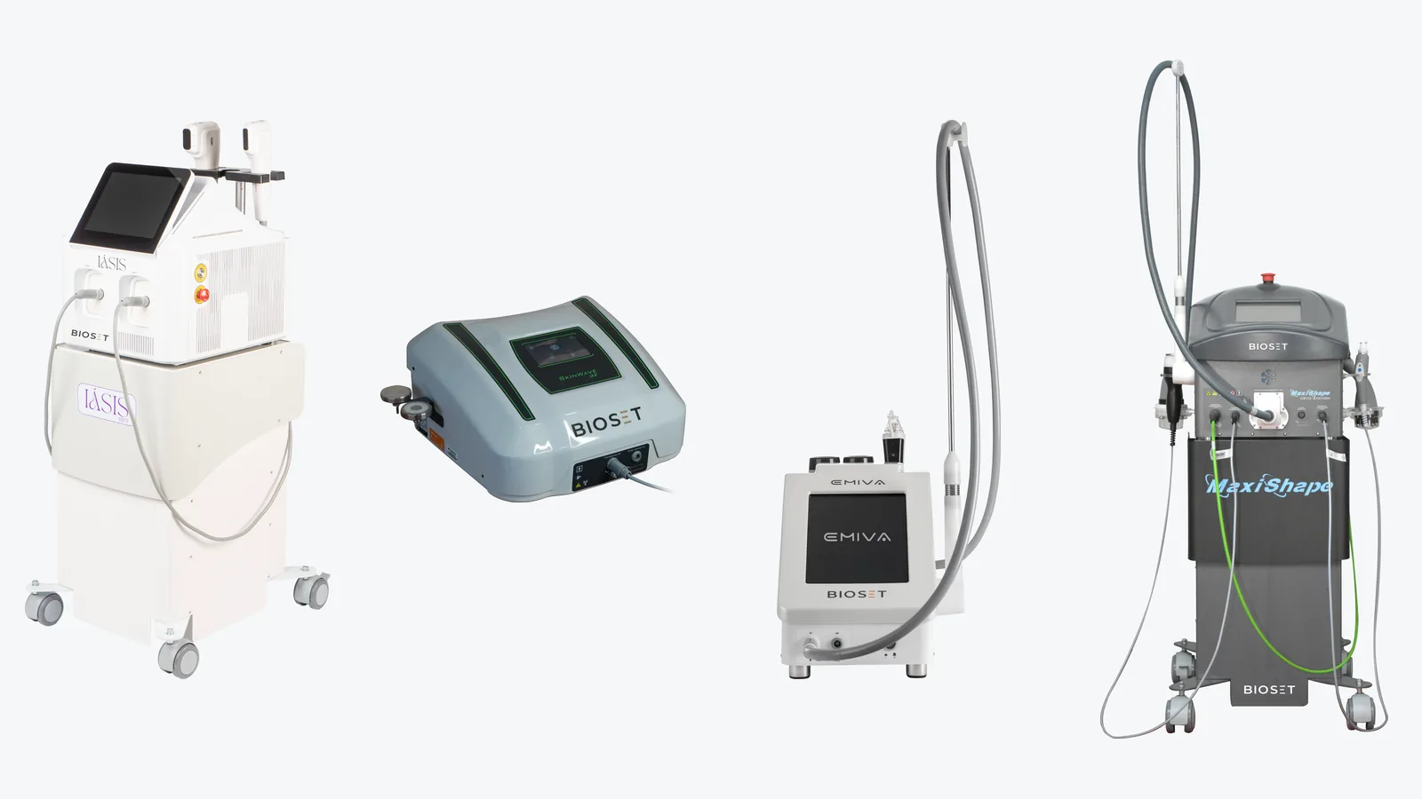 IASIS, Skinwave RF, EMIVA e MaxiShape Cryo Station lado a lado, da esquerda para a direita, sobre fundo cinza claro
