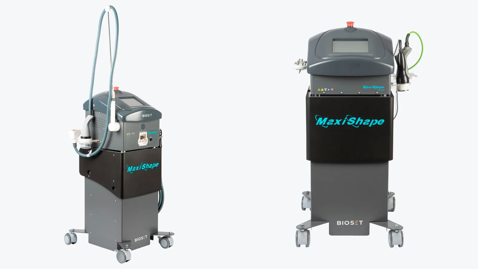 MaxiShape Cryo Station, com braço e mangueira do aplicador de criofrequência, ao lado do MaxiShape Prime, ambos de gabinete cinza e preto